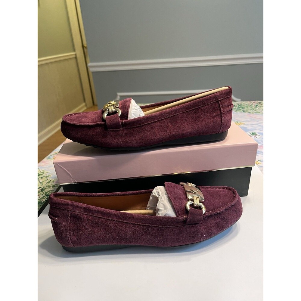 Kate Spade Cherrywood Suede Leather Gold Metal Embellished Loafers Shoes Sz 9M - Picture 2 of 15